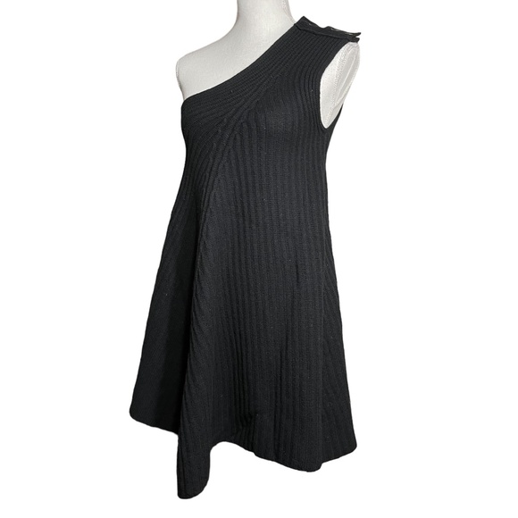 100% Merino Wool Sweater Dress M Sweaterdress One Shoulder A-Line Button RIbbed - Picture 5 of 12